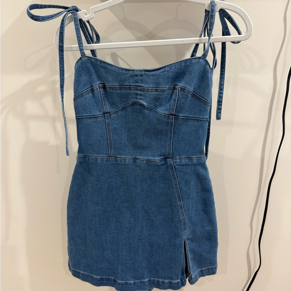 Denim Tie-Shoulder Mini Skort Dress - Blue
